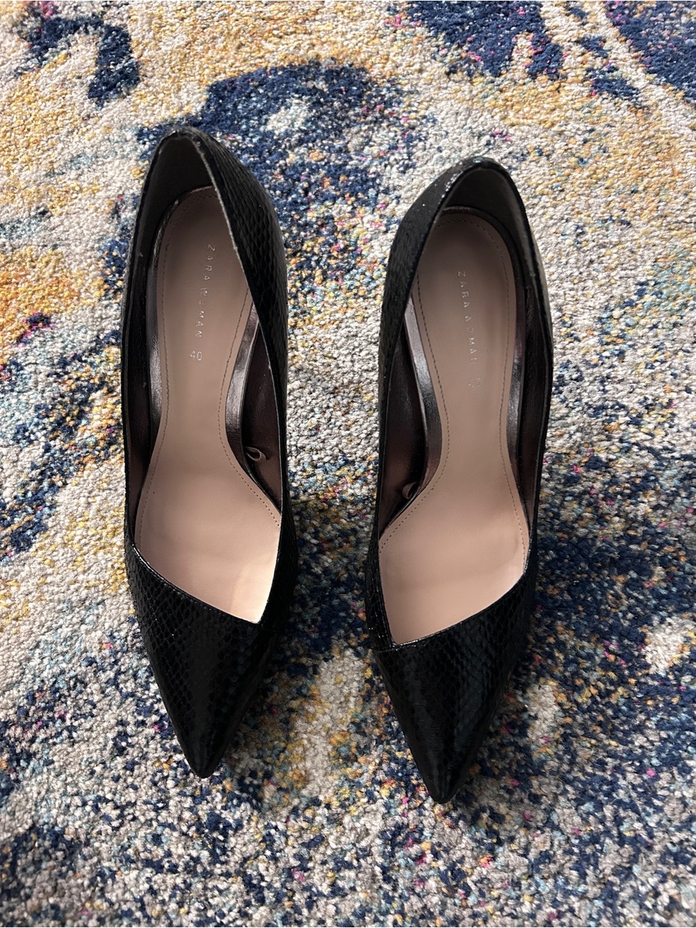 Zara Black Pointed Snake-Texture Heels